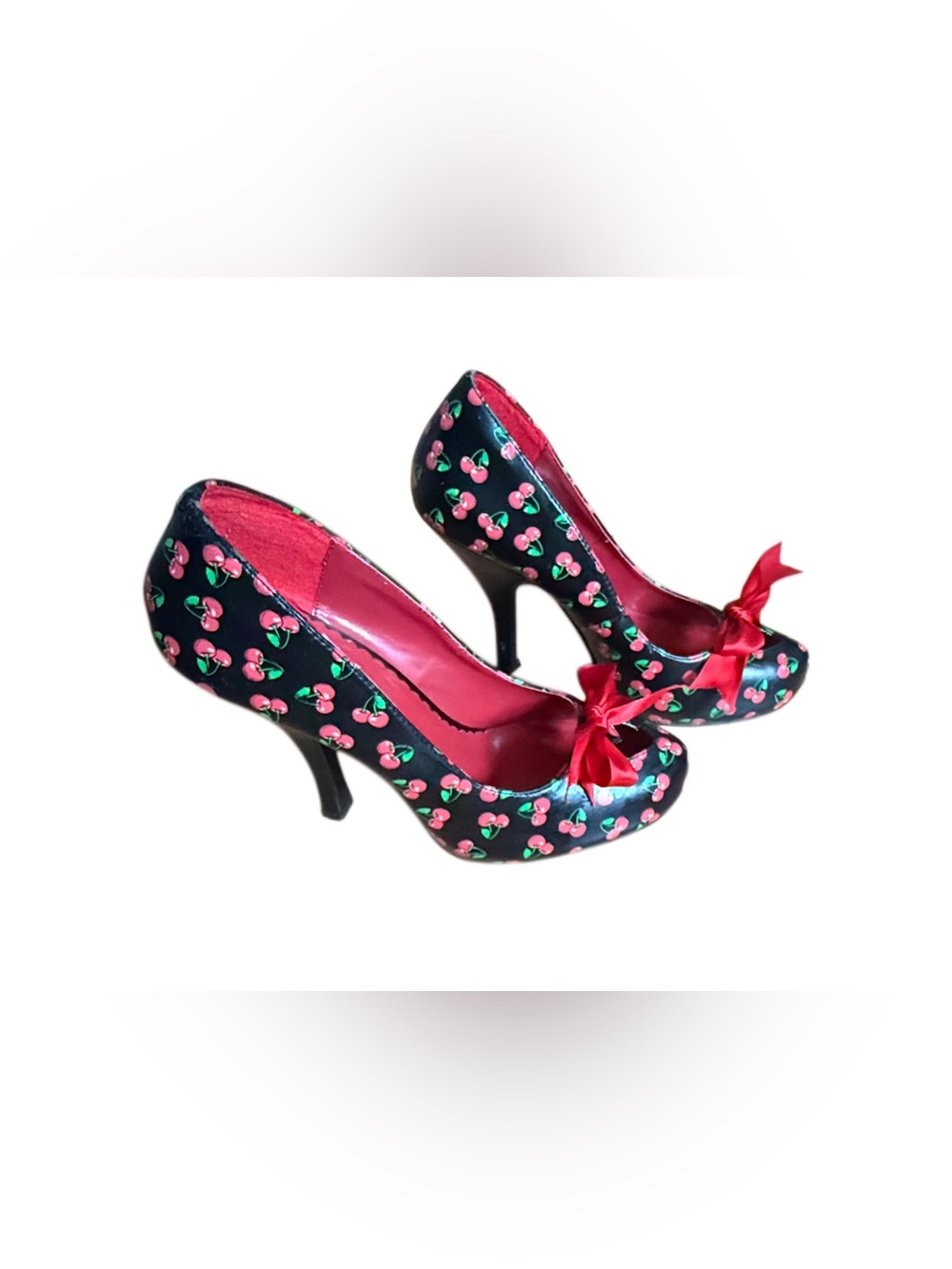 Pinup Couture Black Cherry Print Heels with Red Bow